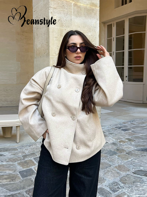 Imagen de Chaqueta Lisa Elegante con Cuello Levantado para Mujer, Modelo Holgado Informal de Manga Larga con Doble Botonadura, Abrigo Versátil y de Moda para Primavera 2026
