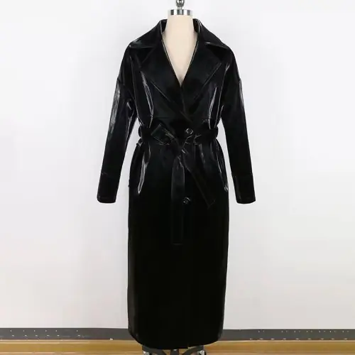Image de Manteau Long en Cuir Verni Noir - Élégant & Imperméable