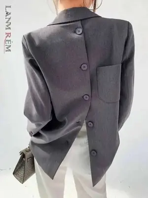 Blazer Femme Gris Cranté à Boutons Arrière - Mode Printemps 2025