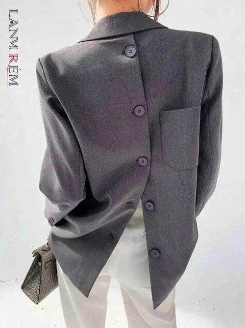 Elegancka Marynarka Damska z Przyciskami na Plecach – Szara, Karbowana