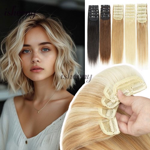 Imagen de Extensiones de Cabello Humano Remy con Clips Invisibles Cortos - Pack de 5 Unidades para un Look Natural y Fácil de Usar