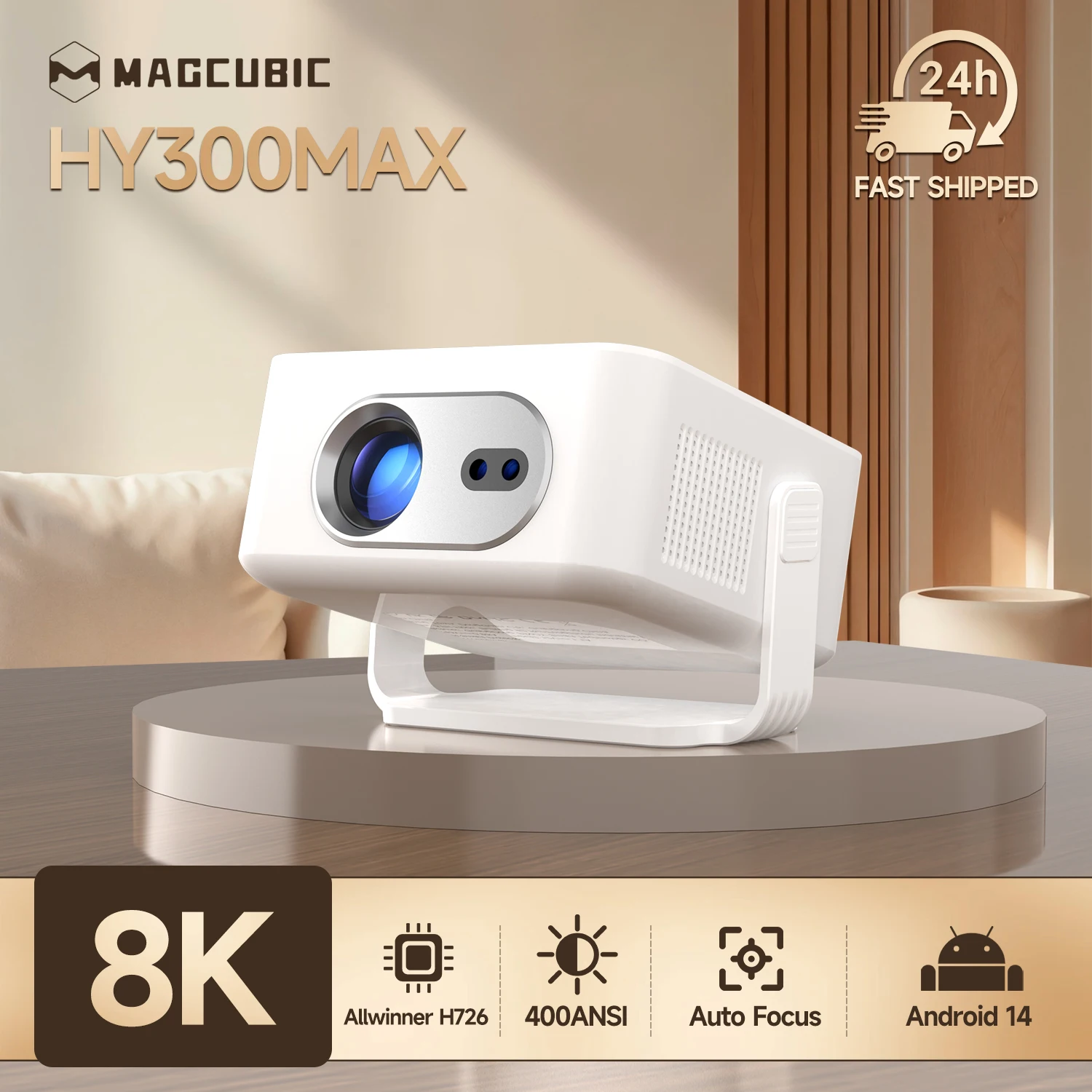 Zdjęcie Projektor przenośny Magcubic Android 14 z automatycznym ustawieniem ostrości HY300Max, 400 ANSI lumenów, WiFi 6, obsługa 8K Full HD, do domowego i zewnętrznego kina HY300