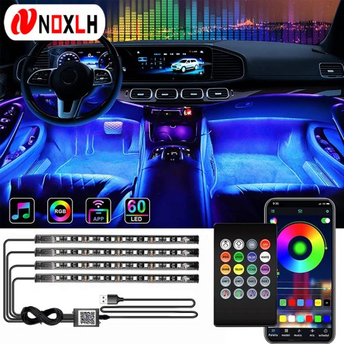 Afbeelding van Neon LED Auto Interieur Ambiënt Verlichting met Voetstrip, RGB Kleurverandering, Afstandsbediening en App Besturing voor Muziekgevoelige Auto Decoratie