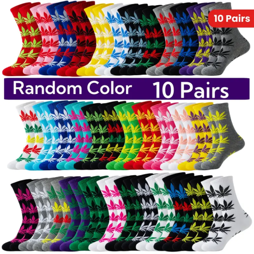 Bild von 10 Paar nach dem Zufallsprinzip gemischte farbige Herren-Mid-Tube-Socken im Ahornblatt-Stil, weiche und atmungsaktive Outdoor-Straßen-Skateboard-Socken