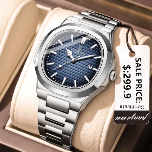 Imagen de Reloj de Lujo Paazomu para Hombre: Elegante, Resistente al Agua y con Fecha, Acero Inoxidable, Cuarzo Cuadrado, Luminoso, Modelo 2024