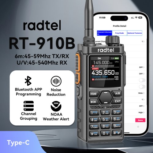 Afbeelding van Radtel RT-910B Bluetooth Walkie Talkie met App Programmering, Ruisonderdrukking en 45-59 MHz TX/RX voor Hamradio, Airband, NOAA, Politie en Maritiem Gebruik
