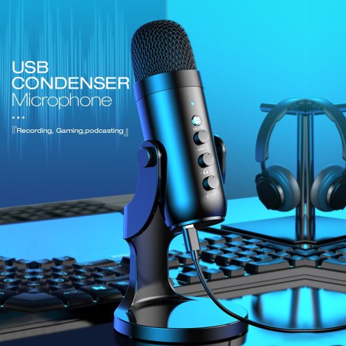 Immagine di Haomuren Microfono USB per PC Mac Gaming Registrazione Stream Podcast, Microfono a condensatore per computer con adattatore per telefono Uscita per cuffie