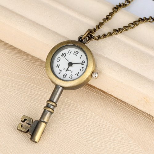 Image of Vintage Antique Bronze Key-Shaped Quartz Pocket Watch Necklace with Fob Pendant – Cute, Lovely Collectible Gift for Wall Display or Wearable Timepiece