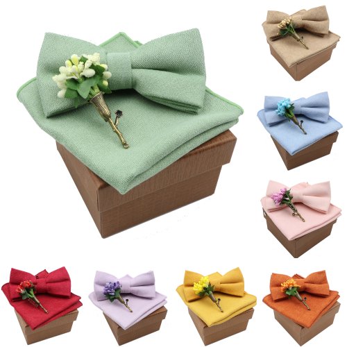 Image of Solid Color Cotton Bowtie Handkerchief Flower Brooch Set For Men Women Party Wedding Blue Pink Green Bowties Novelty Ties Gift