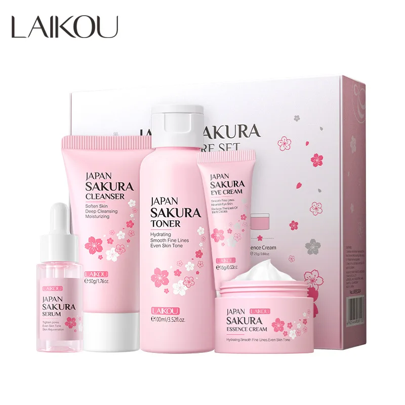 Imagen de Set de Cuidado Facial LAIKOU Sakura, Hidratante y Reductor de Líneas Finas, Limpiador de Poros, Producto de 5 Piezas, Regalo Coreano para el Día de San Valentín