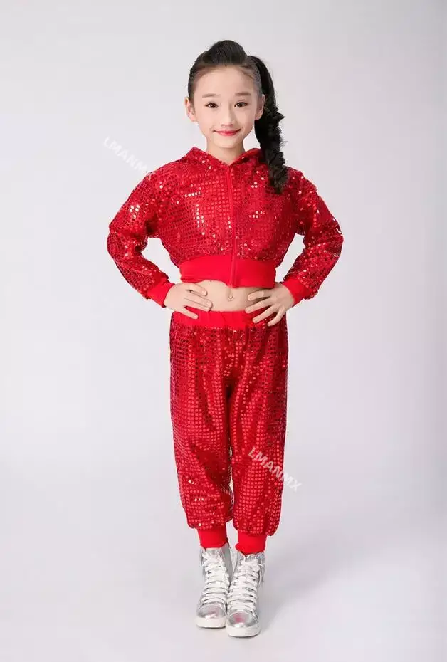 Afbeelding van Kinderen Pailletten Jazzdans Moderne Cheerleading Hip Hop Kostuum Voor Kinderen Jongen Meisjes Crop Top En Broek Prestaties Outfits Kleding
