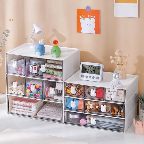 Afbeelding van Transparante Konijnen Desktop Opbergdozen met Multi-Grids – Schattige Briefpapier Organizer voor Bureau en Kantoor