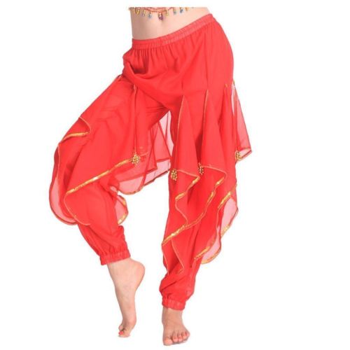 Imagen de Pantalones largos de gasa para danza del vientre, pantalones tribales árabes de Halloween con adornos dorados, pantalones de baile para mujer