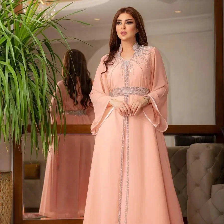 Image of Luxury Diamond-Embellished Abaya: Elegant Moroccan-Inspired Muslim Evening Gown for Eid, Parties & Special Occasions