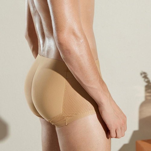 Image of Men's High-Elastic Solid Color Boxer Briefs with Lifted Butt Design, Breathable Hollow-Out Mesh, Thick Padding for Enhanced Shape and Comfort