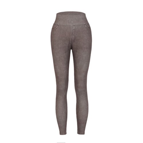 Zdjęcie Damskie legginsy do jogi ze sztucznego dżinsu Fitness rozciągliwe legginsy z wysokim stanem modne ob...