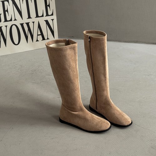 Imagen de Botas Vintage elásticas adelgazantes hasta la rodilla para mujer, botines planos de cuero suave para exteriores, botines largos de caballero
