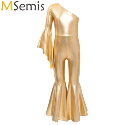 Image of Girls' Metallic Shiny Bell-Bottom Dance Jumpsuit with One-Shoulder Flare Sleeve – Perfect for Ballet, Ballroom, Jazz, and Performance Wear