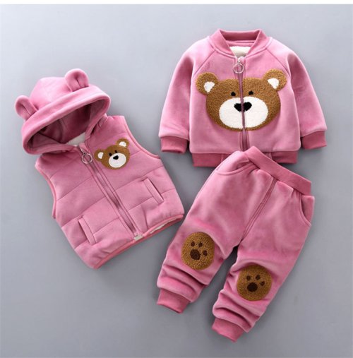 Bild von Dicker warmer Baby-Winteranzug aus Baumwolle mit Kapuze – 3-teiliges Set für Jungen und Mädchen mit niedlichem Bären-Motiv, ideal für Herbst und Winter (0-4 Jahre)