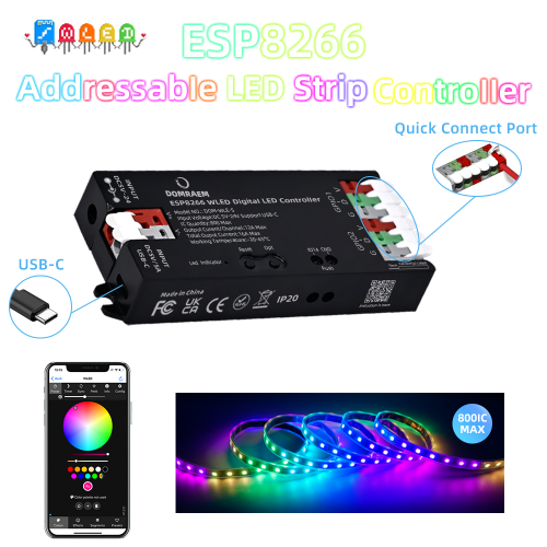 Bild von Digitales WiFi LED-Streifen-Controller mit ESP8266 – USB-C 5V, DC 5–24V, 100 Farbmodi, WLED-App, kompatibel mit WS2811, WS2812, SK6812, TM1814 – DIY Pixel-Lichtsteuerung