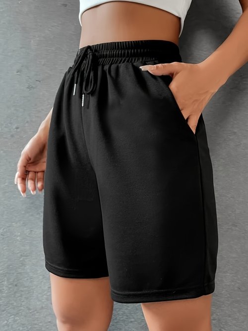 Imagen de Pantalones Cortos Deportivos para Mujer, Modelo de Chándal en Punto Suelto con Bolsillos y Cordón Ajustable, Color Sólido