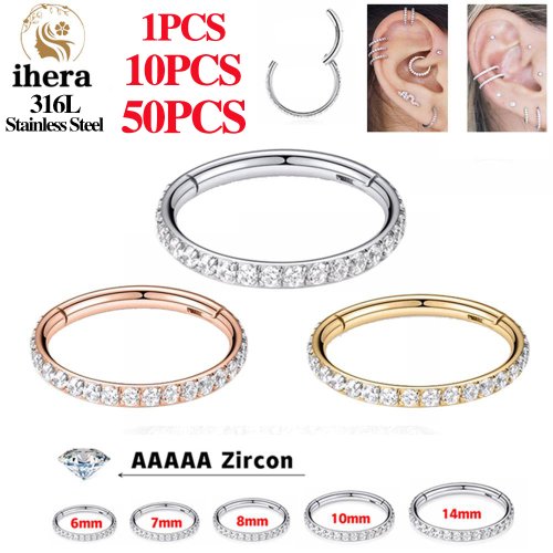 Image of Stainless Steel Zircon Hinged Segment Nose Septum Clicker Ring – Round Earrings Hoops for Tragus, Helix, and Ear Piercings