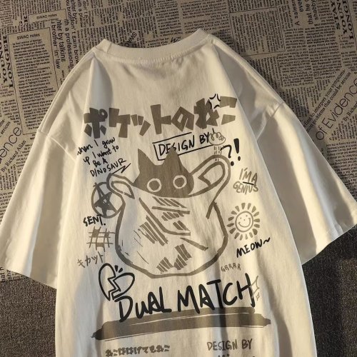 Image of Summer Japanese Retro Pocket Cat Cartoon Printed Short Sleeve T-Shirt for Men, Women, and Couples – Unisex College-Style Oversized Top