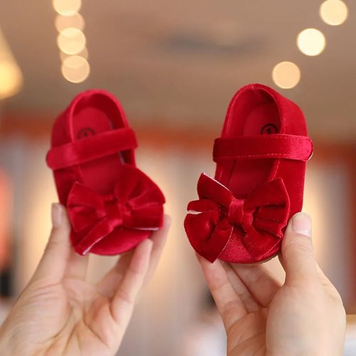 Afbeelding van Lente en Herfst Pasgeboren Flanellen Prinses Schoenen voor Baby Meisjes met Strik, Platte Schoenen voor Peuters, Zachte Rubberen Zool, Eerste Wandelschoenen