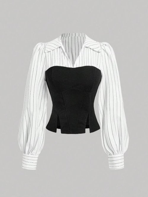 Immagine di Camicia da donna elegante a righe Camicetta da ufficio casual da lavoro con camicia da lavoro slim fit alla moda con design impiombato con risvolto