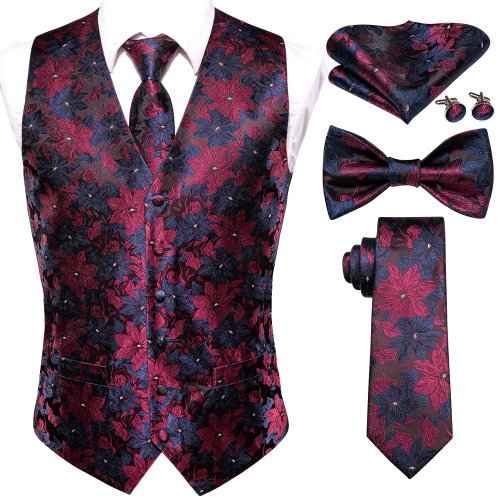 Imagen de Chalecos dorados de lujo para hombre, chaleco de seda rojo, azul, verde y dorado, pajarita, conjunto...