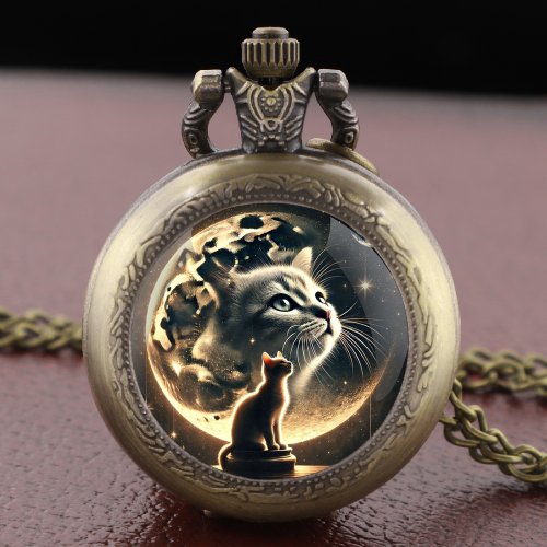 Image of Vintage-Style Cute Cat Quartz Pocket Watch with Chain – Elegant Arabic Design Necklace Pendant for Girls and Boys – Perfect Gift for Kids and Teens
