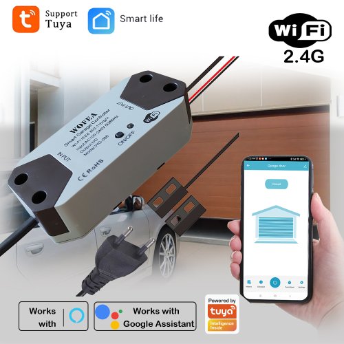 Immagine di Controller Intelligente per Apertura Porta Garage con Spina UE - Compatibile con Alexa, Google Home e App Tuya, Controllo Remoto senza Hub Richiesto