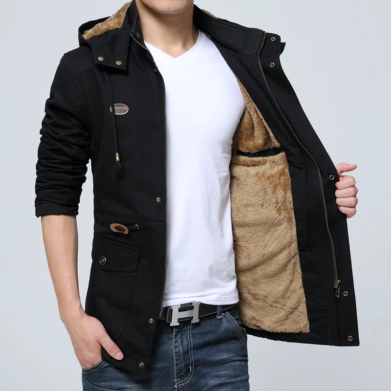 Image of Men Winter New Jackets Thick Fleece Men's Plush Business Windbreaker Long Coat Men Cotton Fashion Autumn Jacket Male clothing