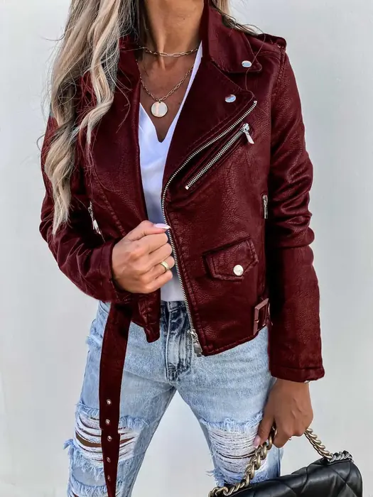 Image de Veste en Cuir PU Mode Femme - Manteau Moto Court