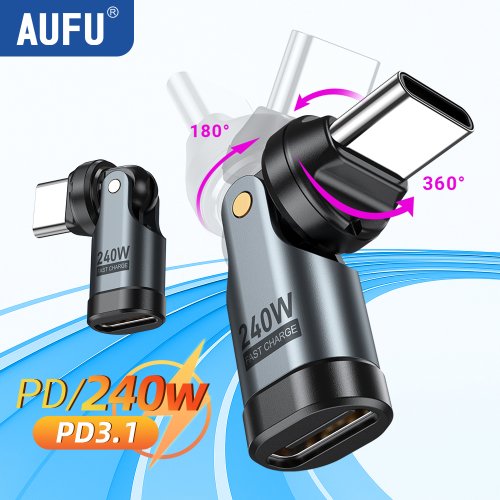 Imagen de Adaptador AUFU USB C de 240W, convertidor USBC macho a tipo C hembra de carga rápida 5A para iPhone, portátil, Macbook, adaptador OTG de rotación 540
