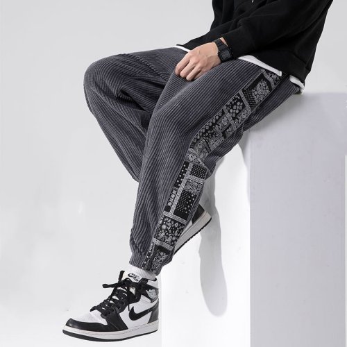 Image of Oversized Cashew Flower Printed Patchwork Casual Pants Y2K High Street Corduroy Sweatpants for Men