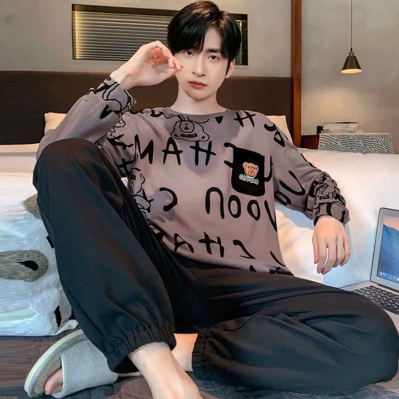 Image of Plus Size Men's Soft Long Sleeve Pajama Set with Cartoon Bear Stripes - Grey and Black O-Neck Loose Fit Loungewear Two-Piece Outfit