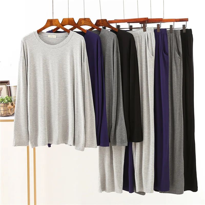 Image of Japanese-Style Modal Men's Long Sleeve Pajama Set - Loose Fit, Comfortable Spring & Autumn Sleepwear for Home Use