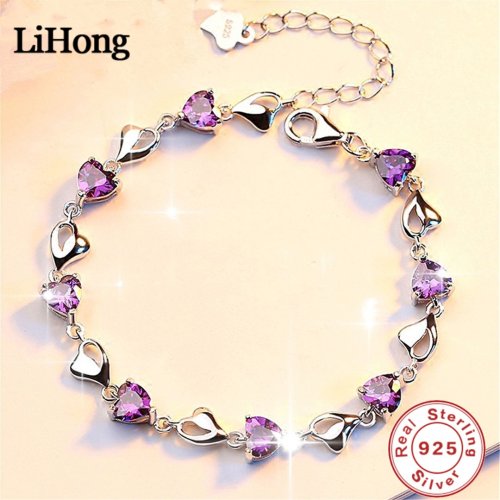 Zdjęcie Luksusowa bransoletka S925 Sterling Silver Love Purple Blue Zircon Crystal dla kobiet Biżuteria zaręczynowa na imprezę Prezent