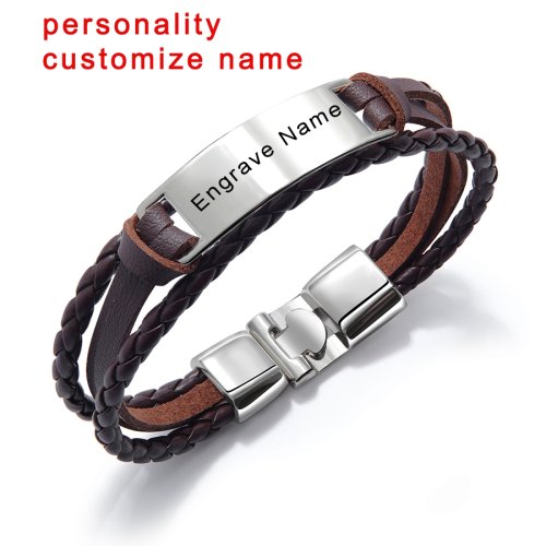 Afbeelding van Persoonlijke Leren Armband met Gegraveerde Naam voor Mannen