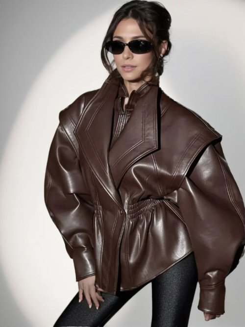 Image of 2026 Women's Retro Vintage Coffee Faux Leather PU Jacket – Oversized Biker Style Streetwear Coat for Motorcycle Fashion