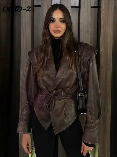 Image de Veste Faux Cuir Vintage à Lacets pour Femme