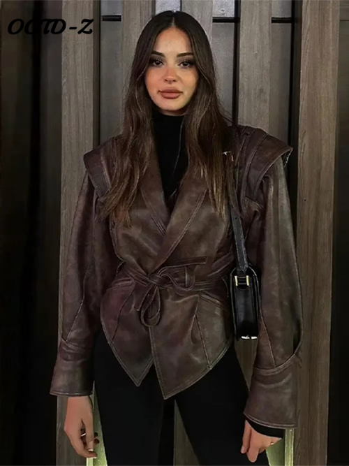 Image of Faux Leather Brown Women Jackets 2025 Belt Lace Up Lapel Female Coat Vintage Casual Spring One Button Long Sleeve Lady Outwear