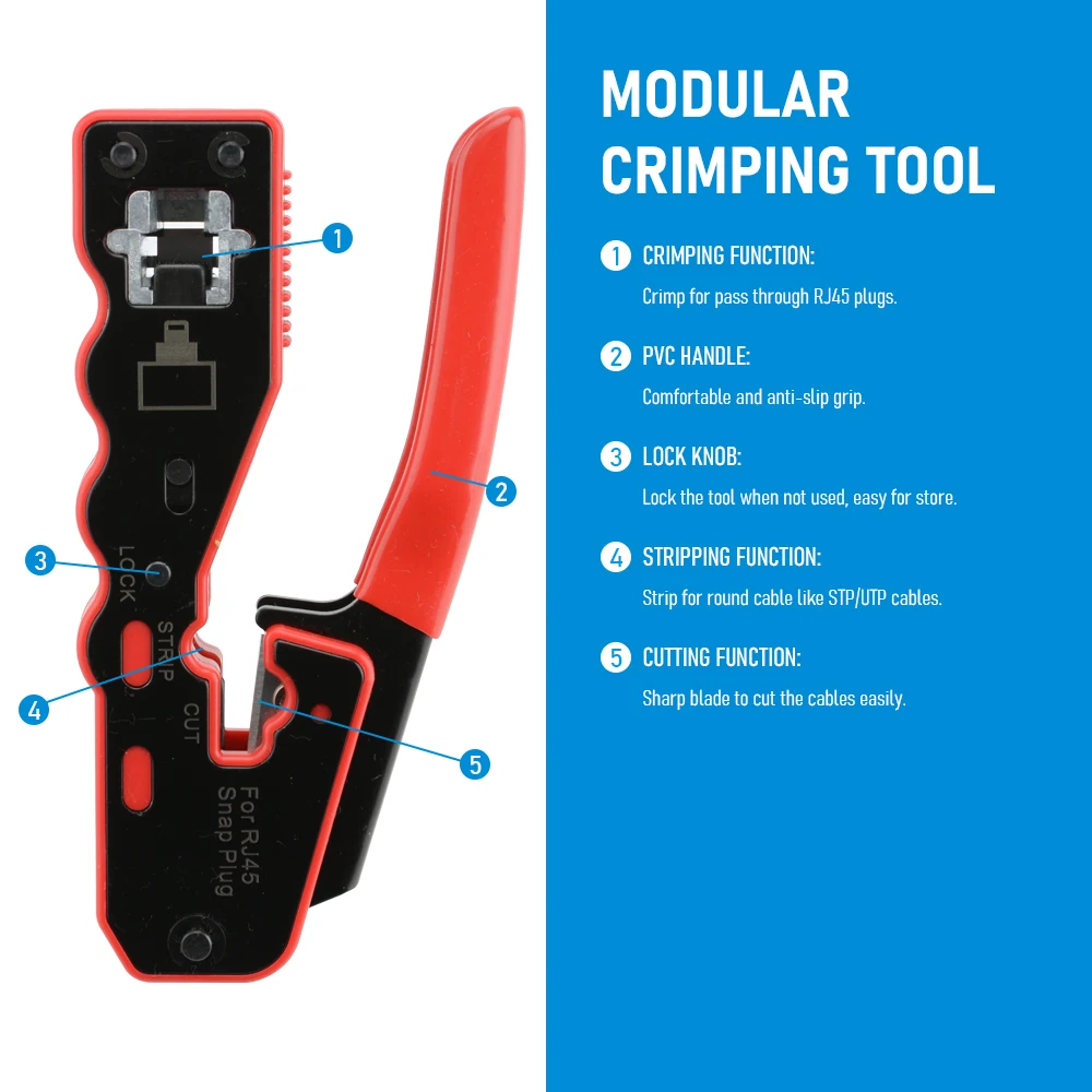 Image of RJ45 Crimp Tool Pass Through Crimper Cutter for Cat6a Cat6 Cat5 8P8C Modular Connector Ethernet All-in-one Wire Tool