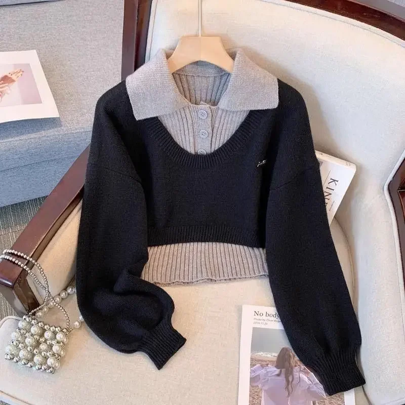 Image of Y2K-Inspired Women's Knitted Two-Piece Set: Harajuku-Style Autumn Winter Sweater & Short Coat Outfit with Collegiate Pullover Design