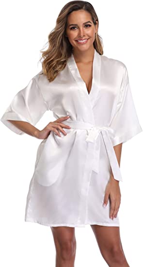 Immagine di Abito da sera in raso rosa caldo champagne argento Kimono accappatoio da donna semplicità pigiama abiti da festa di nozze breve S-XXL
