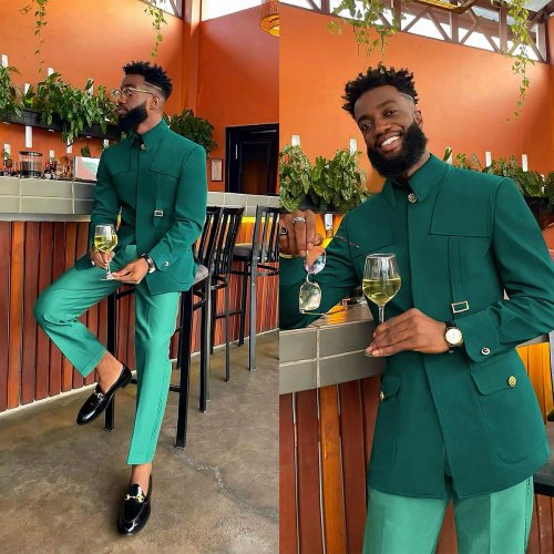 Afbeelding van Groene Mode Utility Bruiloft Mannen Pakken Maatwerk Party Tuxedo 2 Stuks Slim Fit Jas Broek Blazer Party Zanger Bruidegom