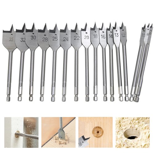 Immagine di Set di 10 punte da trapano piatte lunghe in acciaio ad alto tenore di carbonio, diametro 55 mm – Strumenti professionali per lavorazione del legno