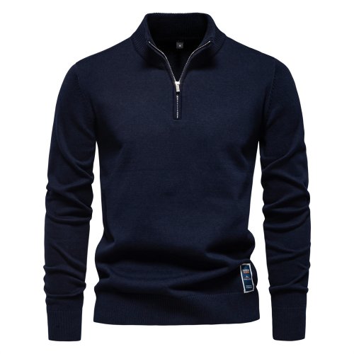 Zdjęcie Męska bluza dresowa zimowa z pół zamkiem błyskawicznym – ciepły, slim fit, jednokolorowy sweter z długim rękawem na jesień i zimę