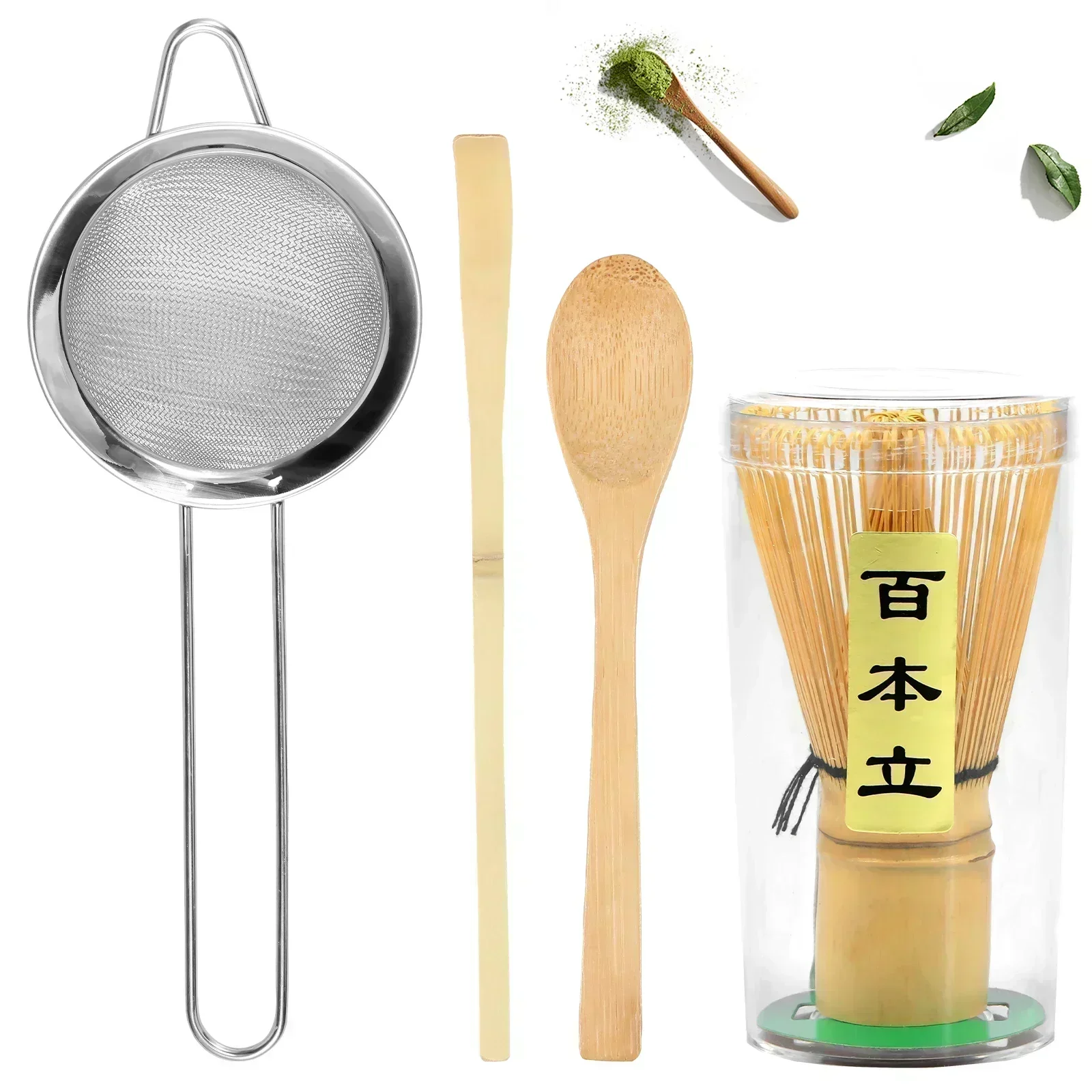 Imagen de Juego de Batidores Matcha Hechos a Mano con Cuchara de Té Tradicional, Colador Profundo y Soporte de Almacenamiento Transparente - Set de 4 Piezas para Preparar Té Matcha Auténtico